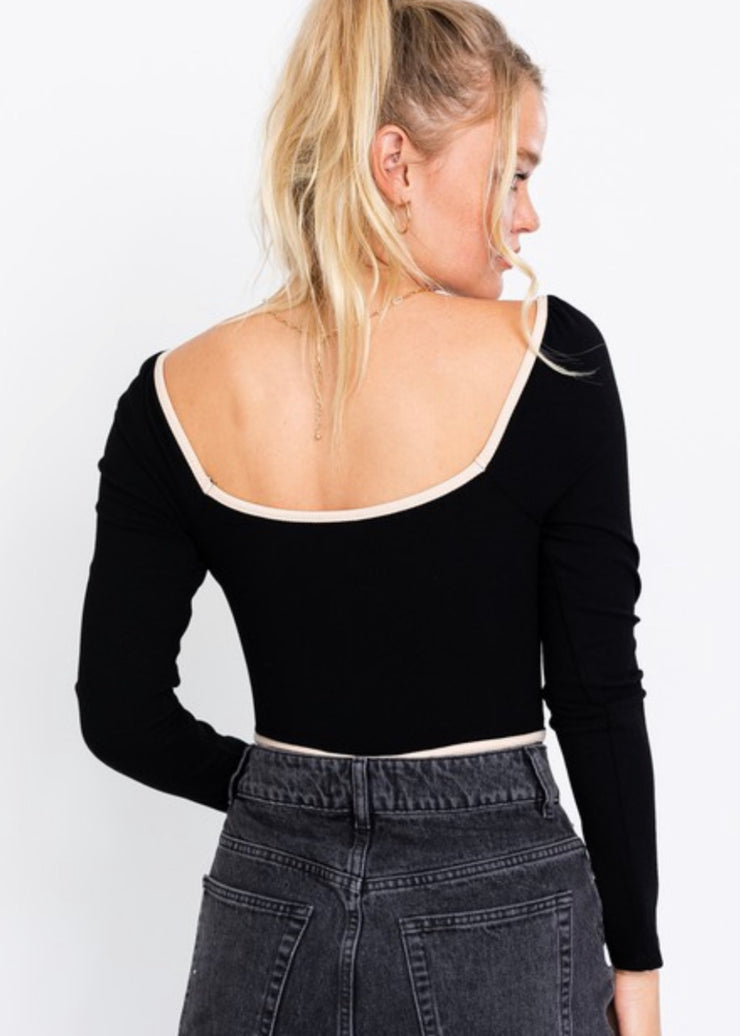 BLACK AND CREAM BUSTIER BODYSUIT