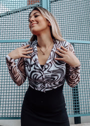 BLACK AND WHITE SWIRL MESH TOP