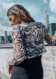 BLACK AND WHITE SWIRL MESH TOP