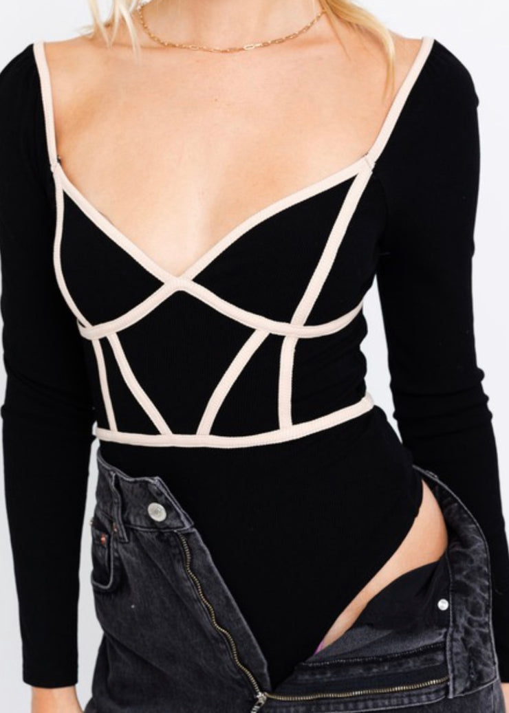BLACK AND CREAM BUSTIER BODYSUIT